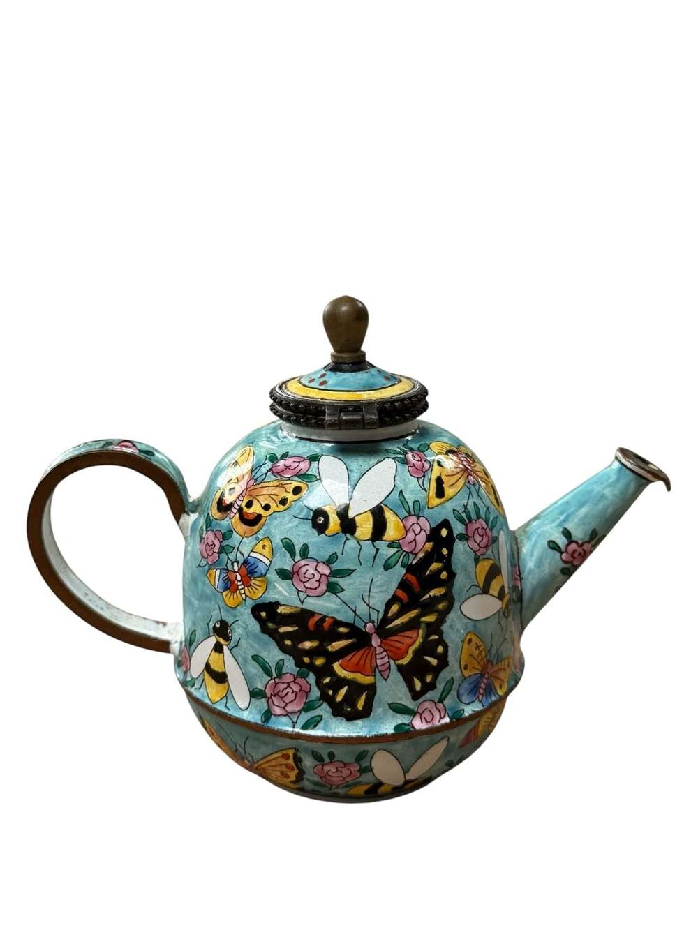 Vintage 1999 Kelvin Chen Enamel Teapot Trinket Box Butterfly and Bee Motif